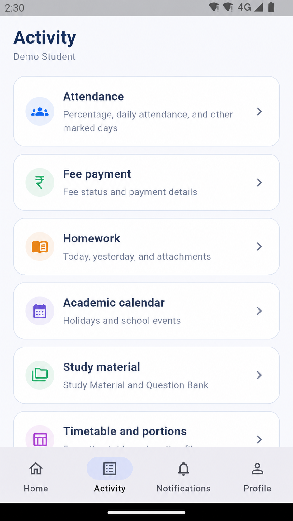 Smart Campus parent app school activity screen