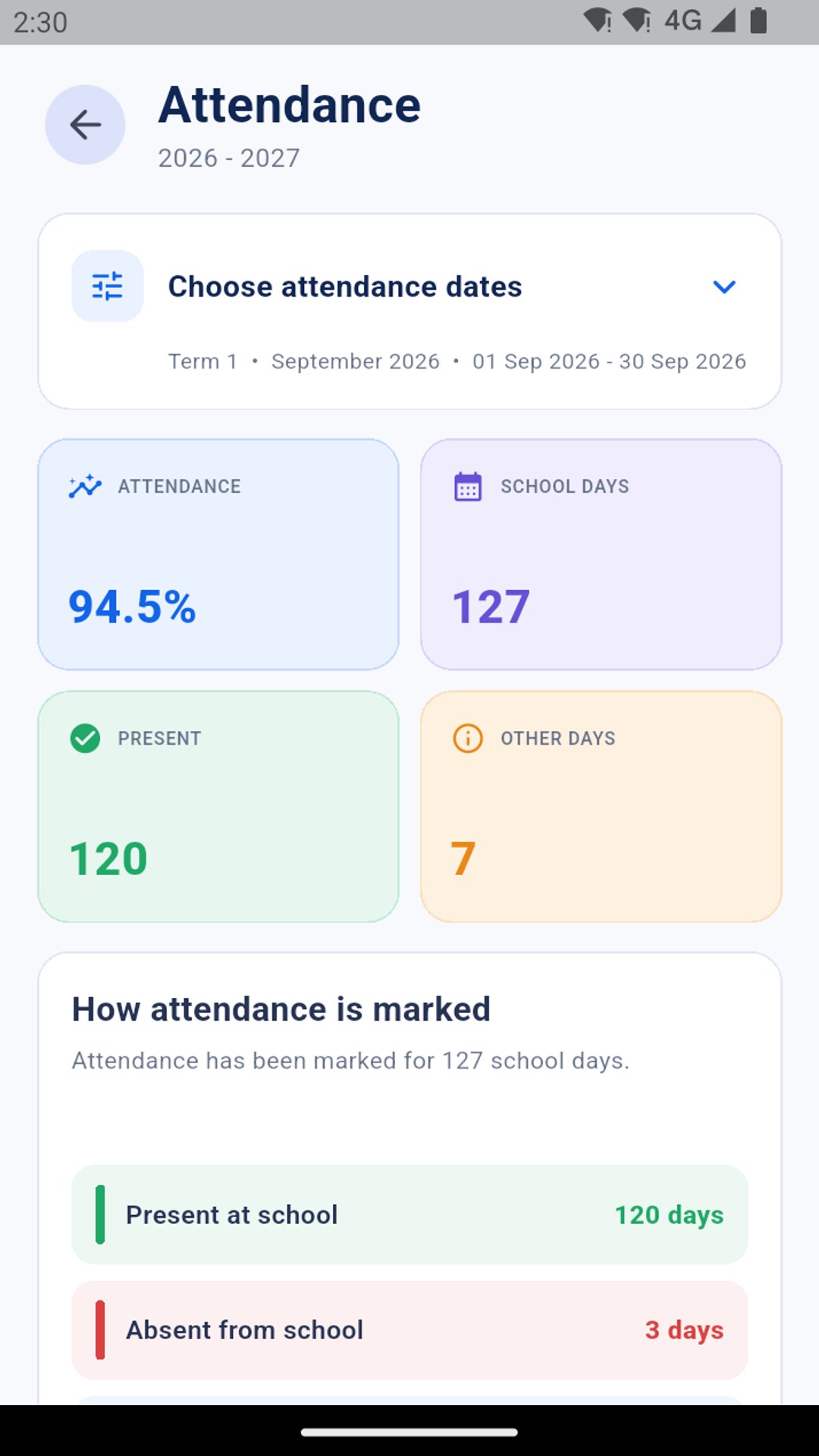 Smart Campus parent app attendance screen