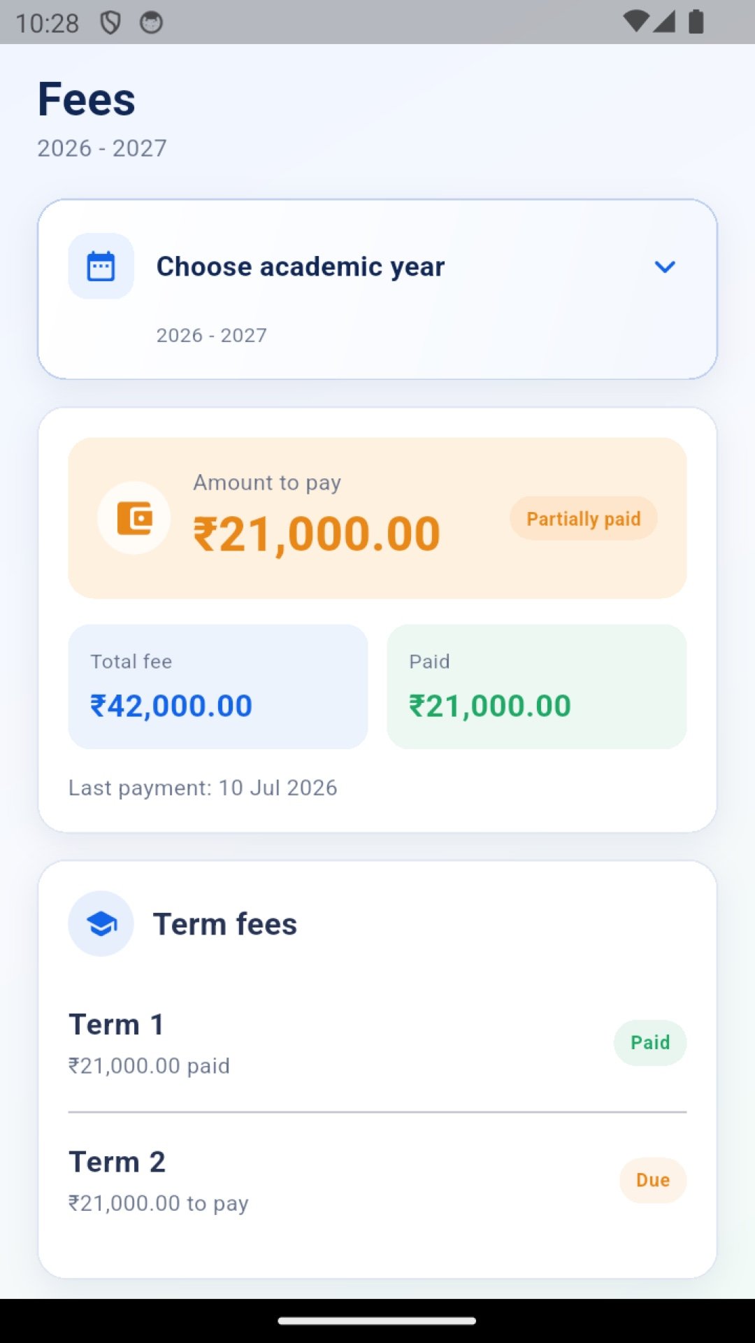 Smart Campus parent app fee status screen