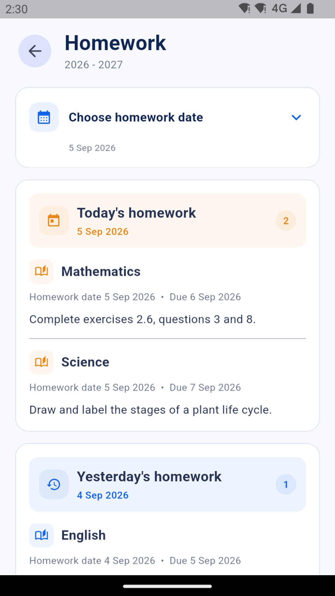 Smart Campus parent app homework view