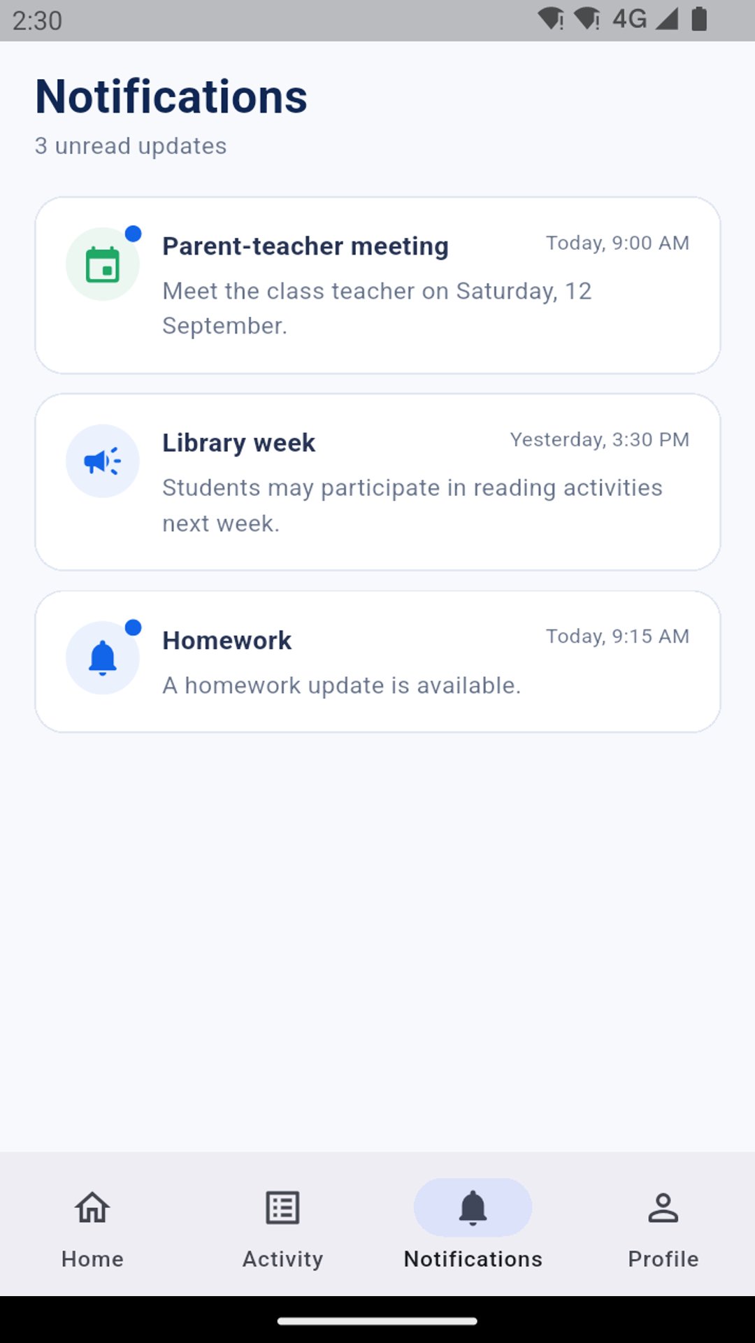 Smart Campus parent app notifications screen